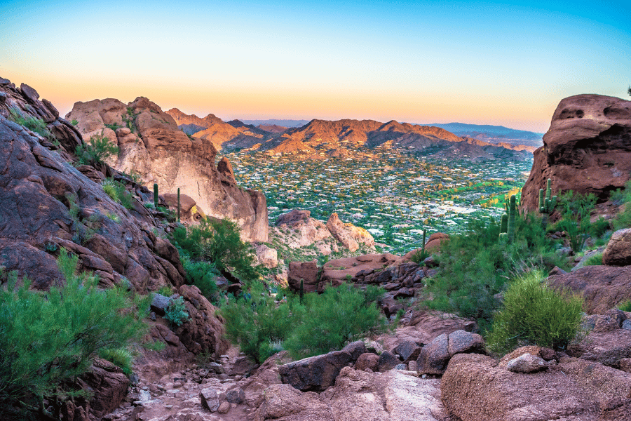 Phoenix, AZ Camelback Mountain colorful sunrise with cactus