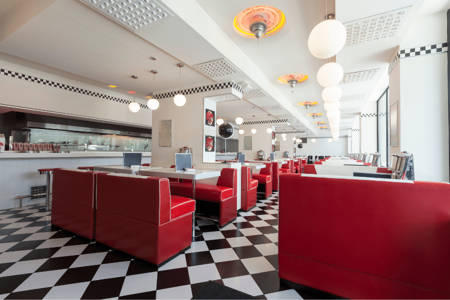 Phillip's Diner in Sioux Falls, South Dakota with checker flooring and red booths