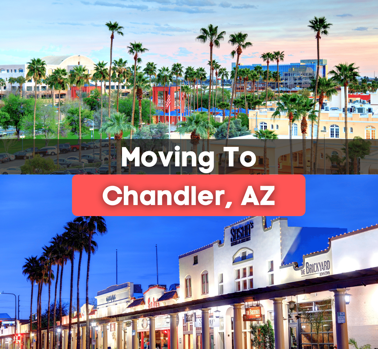 The sun setting over the city of Chandler, Arizona and a storefront at night