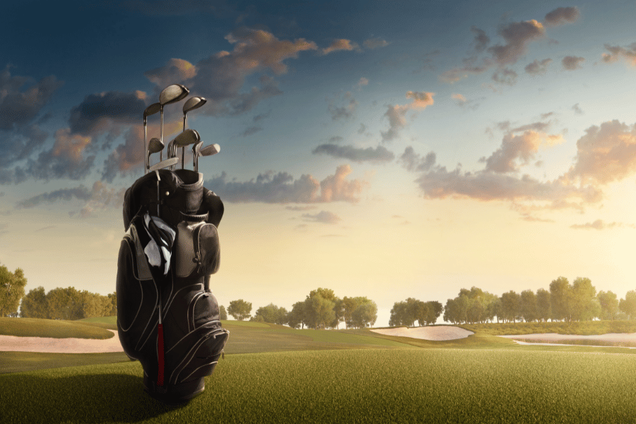 golf course, golfing, golf bag, ball, sunset
