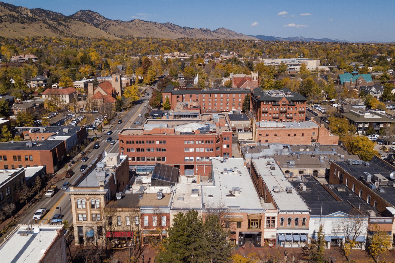 Downtown Boulder, Colorado Aerial view on a sunny day