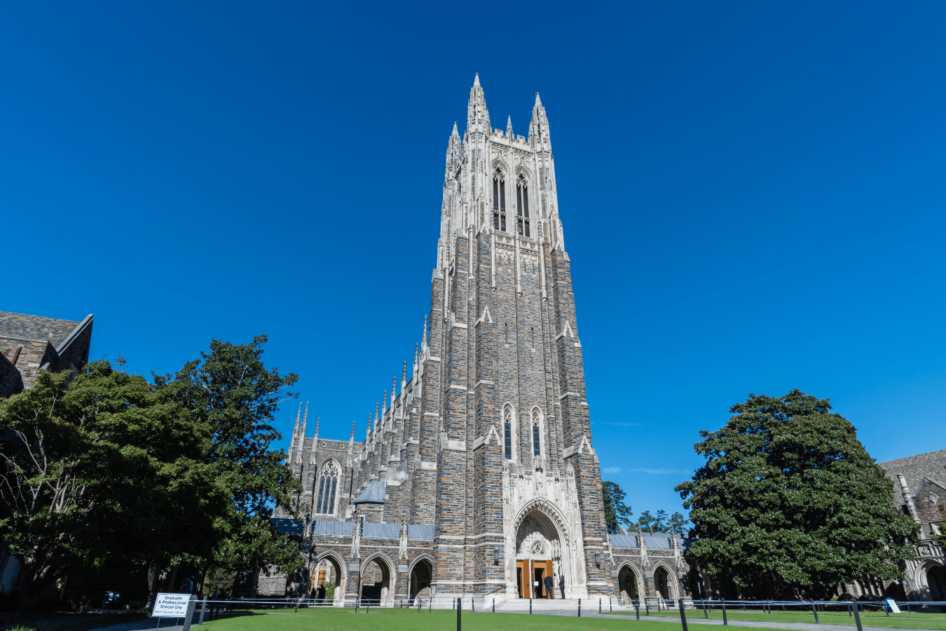 Duke University Tower on a bright sunny day located in Durham, NC