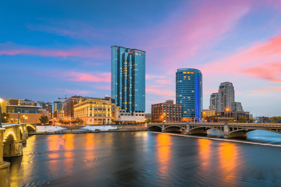 View of Downtown Grand Rapids during pink sunset
