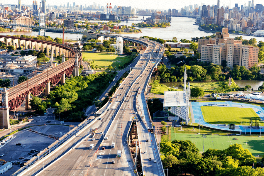 Randalls Island aerial view of streets and buildings 