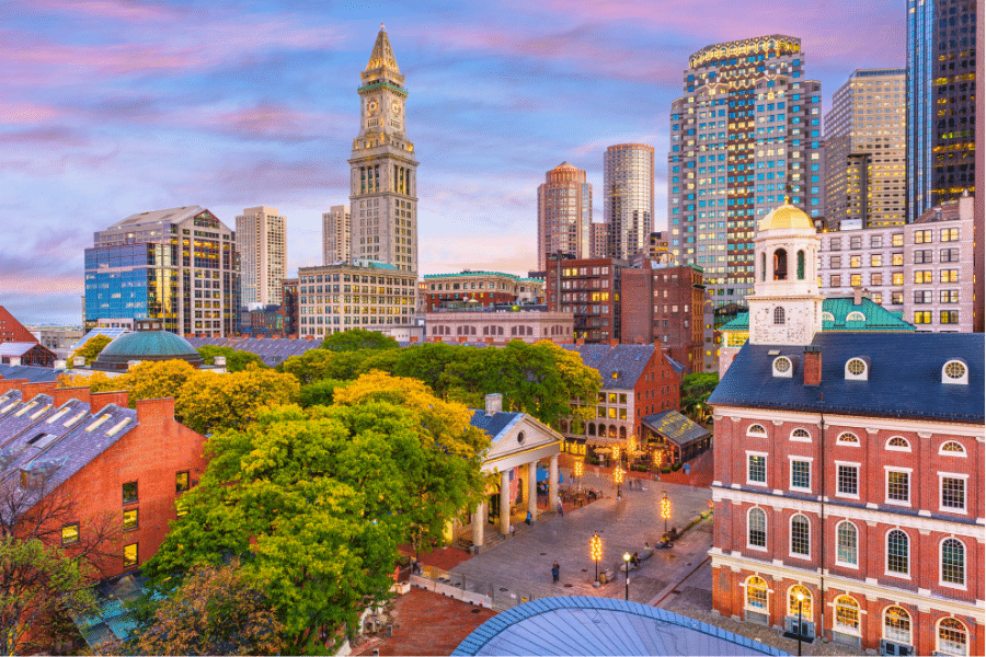 A photo of the Boston skyline in Massachusetts with so much history in this state