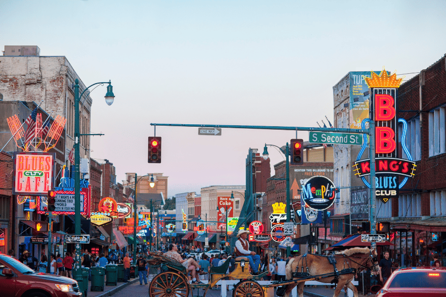 Beale Street in Memphis, TN during sunset 