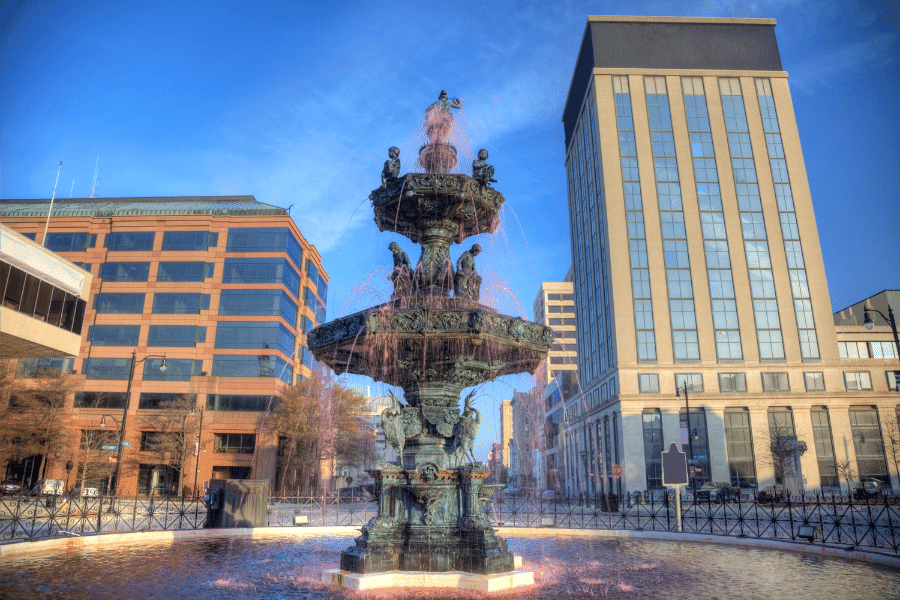 beautiful fountain in Montgomery, AL near buildings 