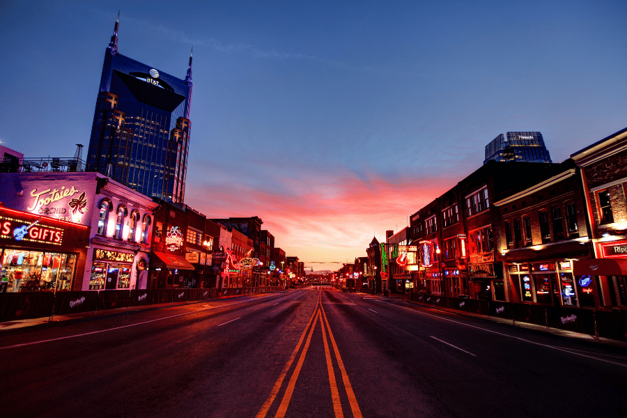 Broadway Street in Nashville, TN at night