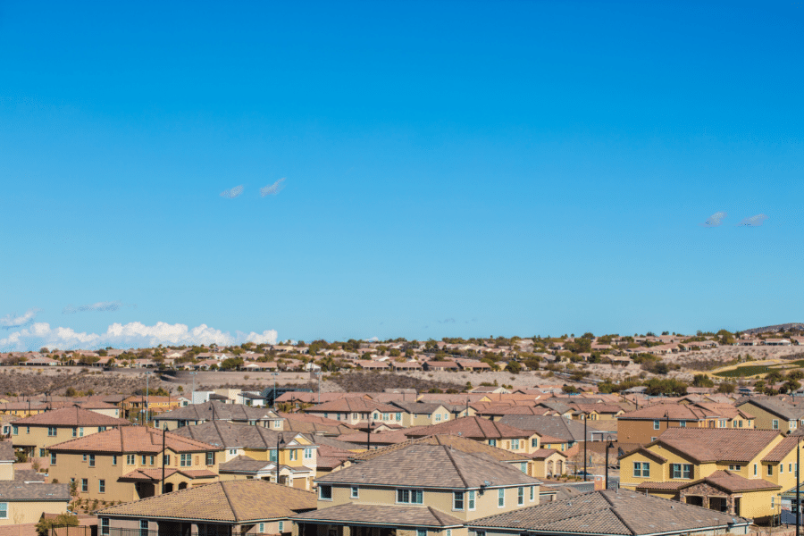 Overhead view of a neighborhood with single-family homes in Henderson, NV