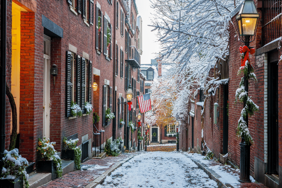 Beautiful Boston street with snow and Christmas decorations