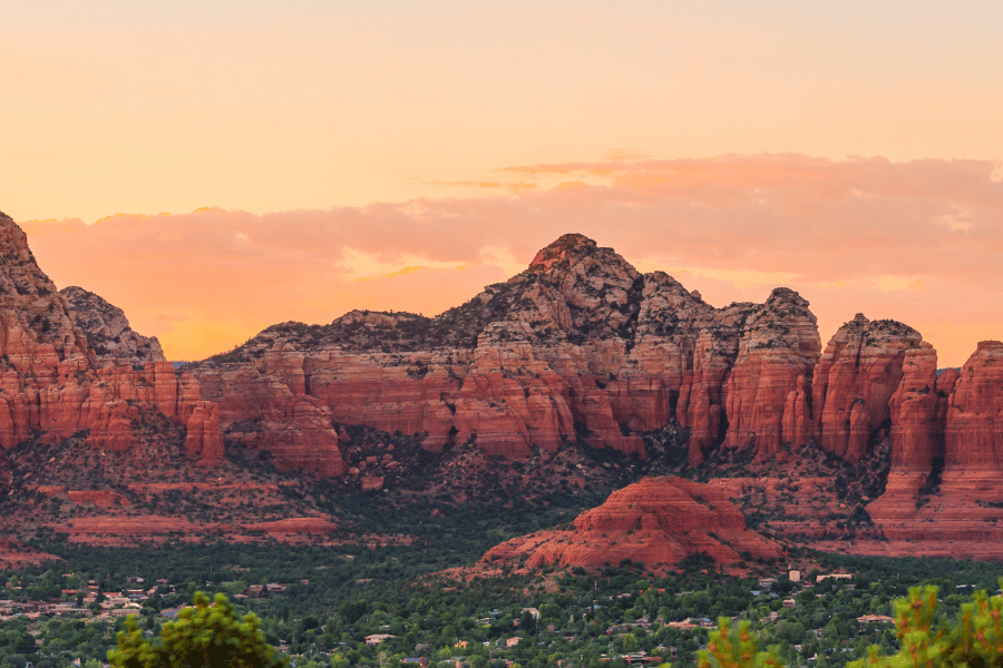 red rocks in Sedona during yellow and orange sunset