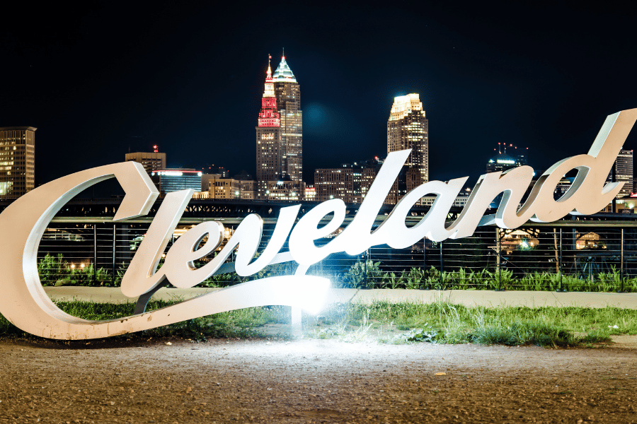 Cleveland sign downtown night water