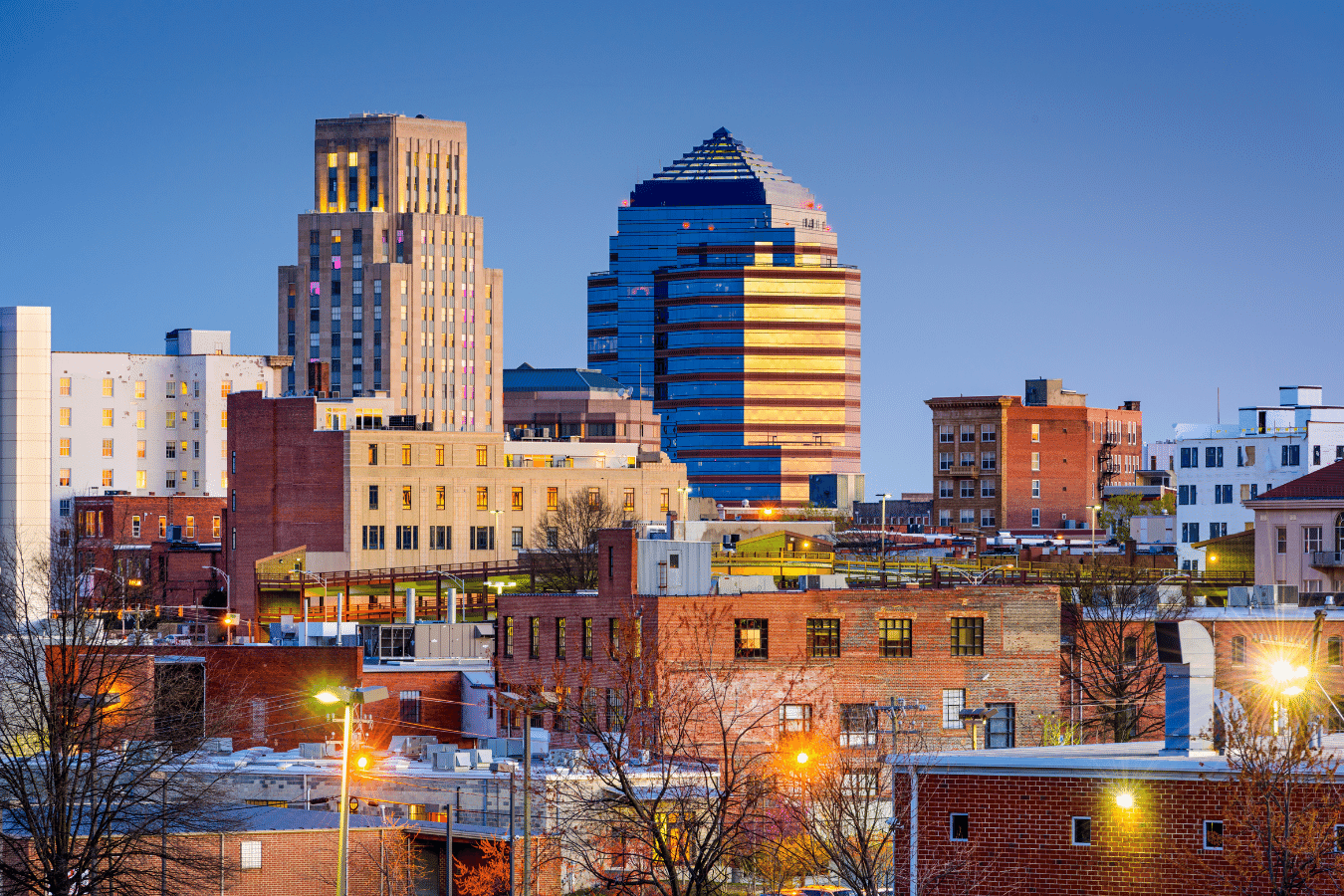 Downtown Durham NC Skyline on a sunny day without a cloud in the sky