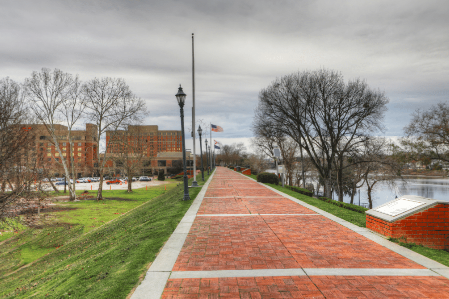 Augusta riverwalk on a cloudy day with red bricks