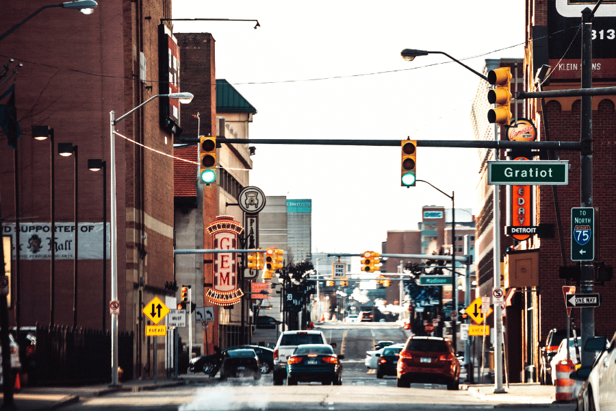 Road view in downtown Detroit 