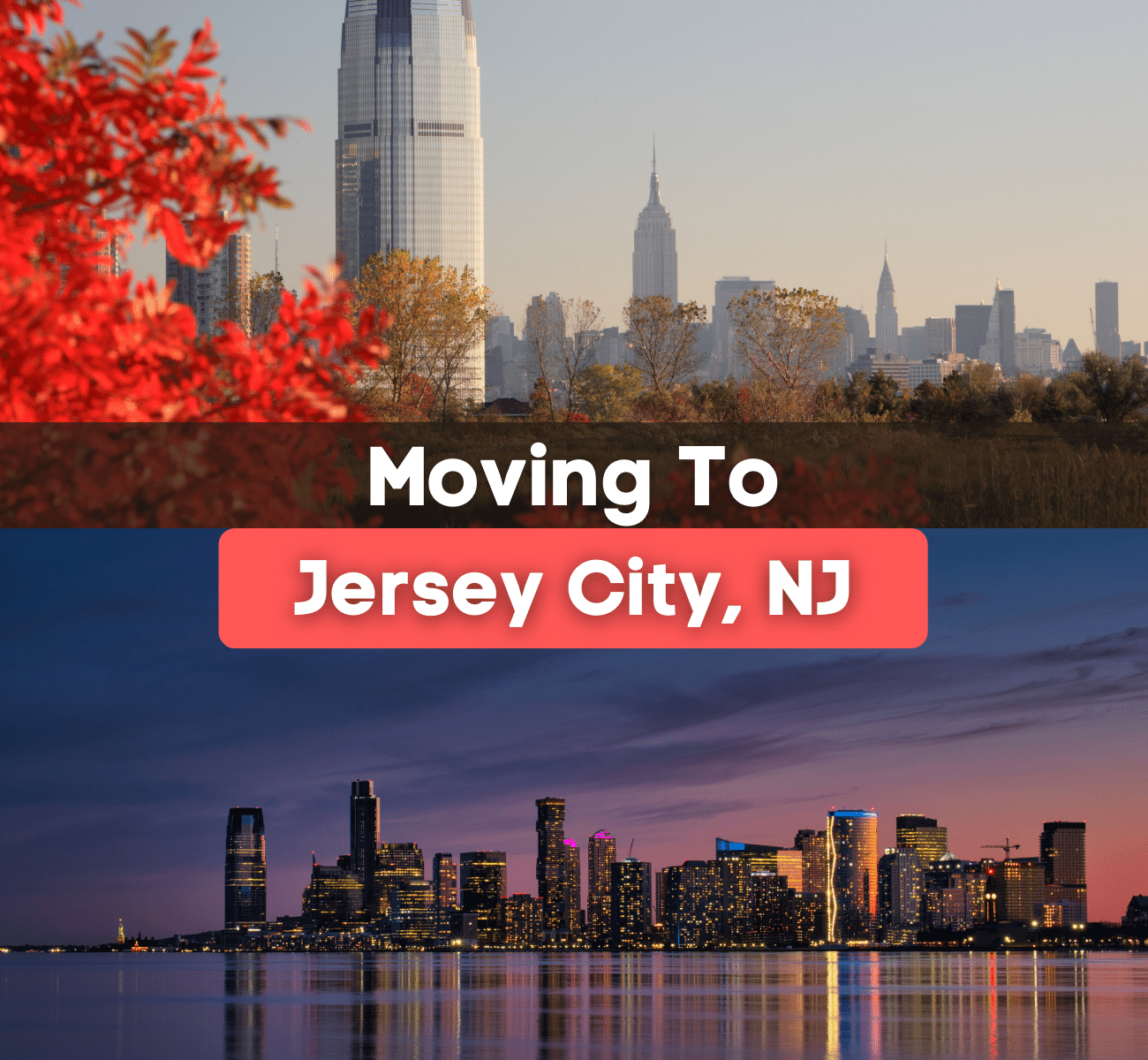 Jersey City, NJ skyline at dusk with bright lights 