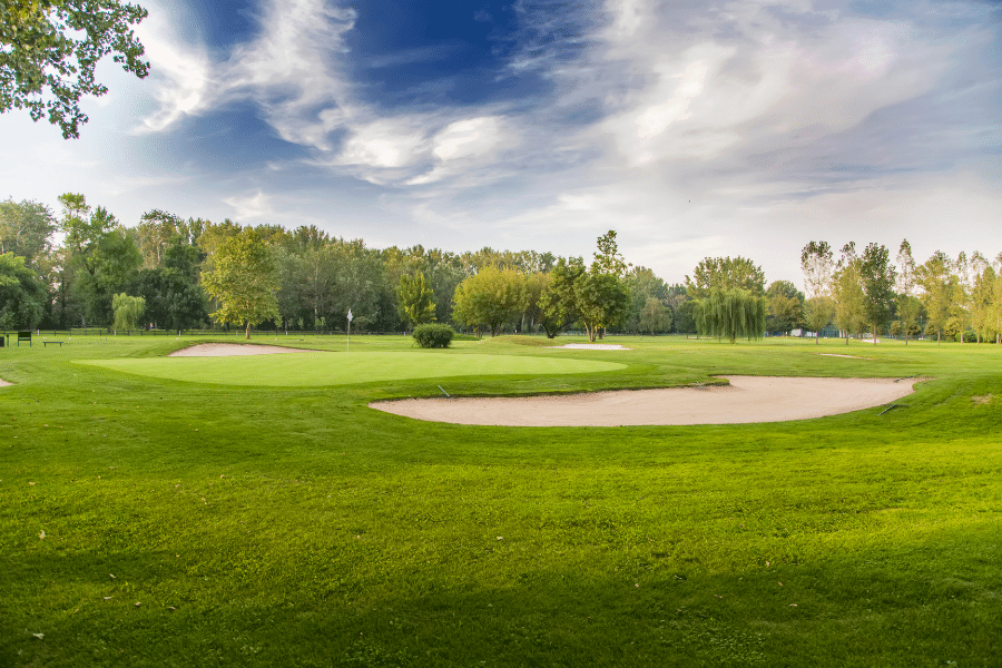 beautiful golf course on a sunny day with trees and sand traps