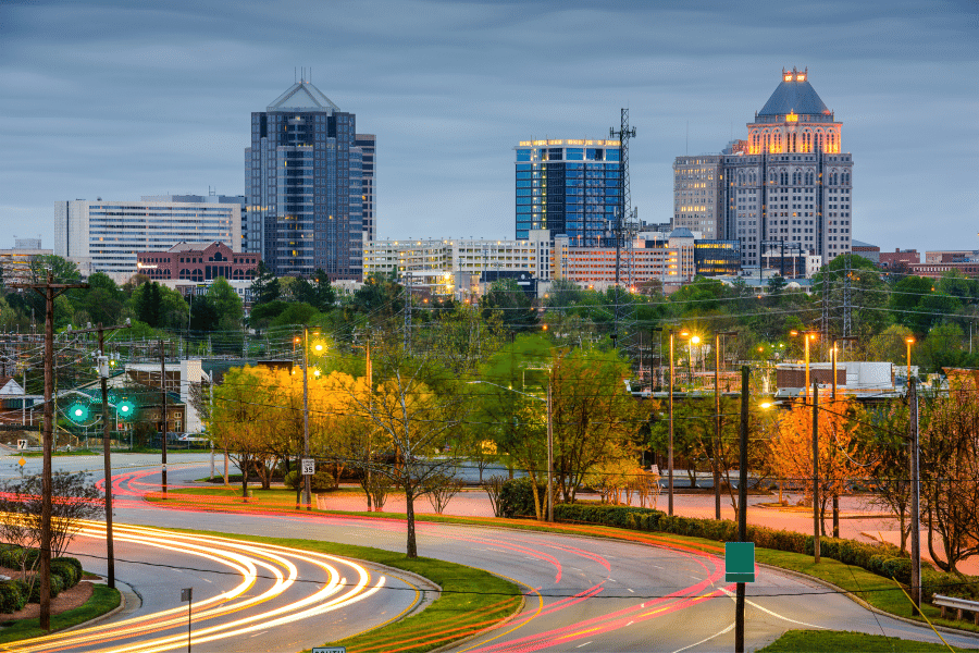 Greensboro North Carolina Downtown area with traffic lights and cars