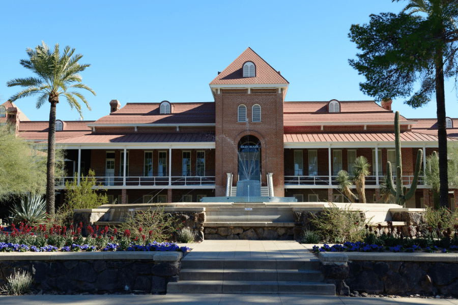 Photo of the University of Arizona on a sunny day with a waterspout