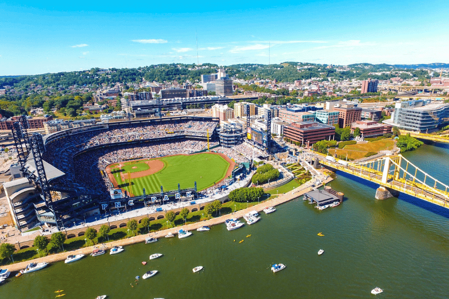 Ariel image of the PNC Park and Pittsburgh bridge