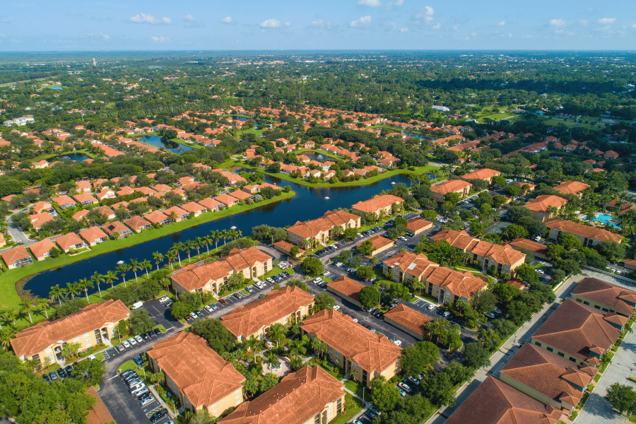 aerial view of neighborhood in West Palm Beach, FL on a sunny day