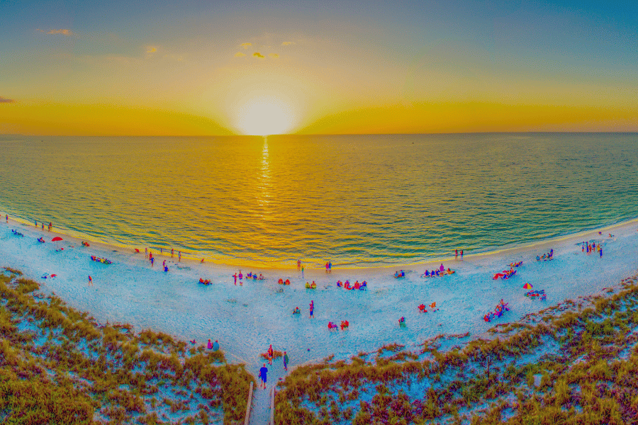 Landscape photo of a beach in Bonita Springs from above during sunset