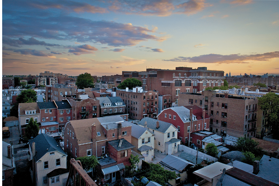 Sunset view over buildings in Queens, NY