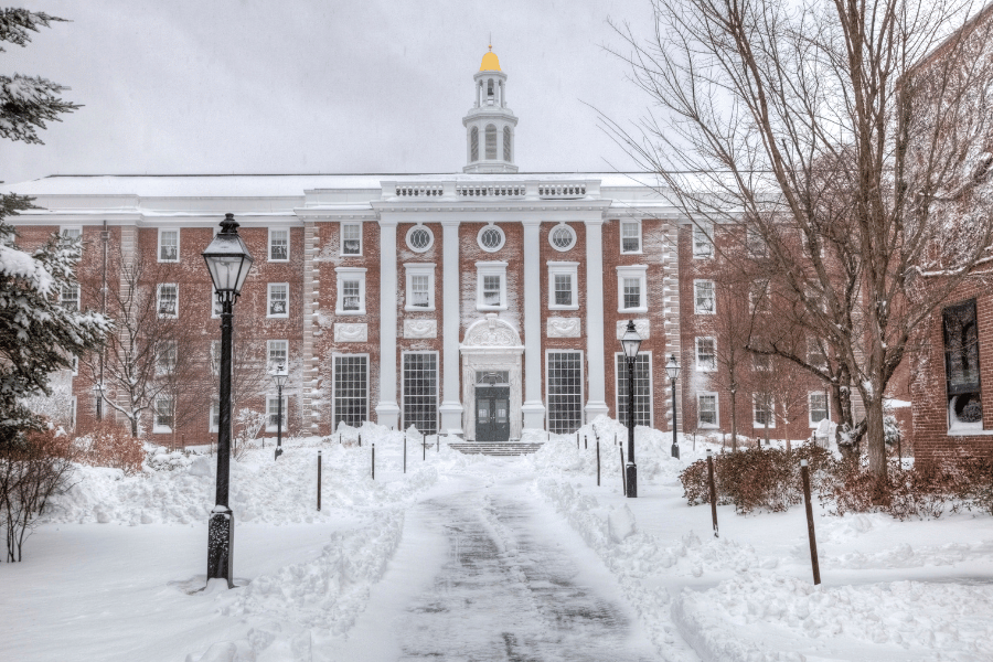 Harvard University building in the snow 