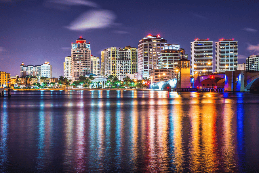 West Palm Beach skyline at night near the water 