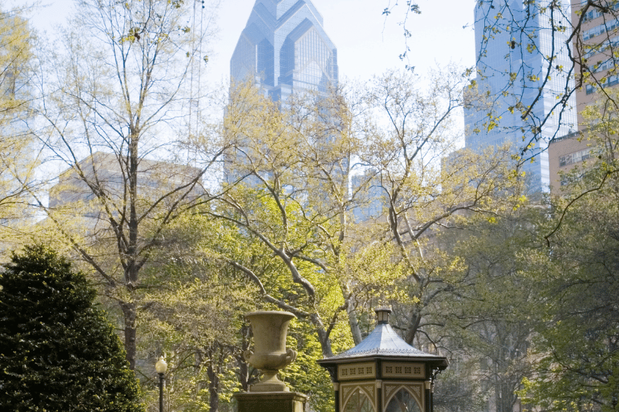 Image from Rittenhouse Square Park of the view of the city behind the trees