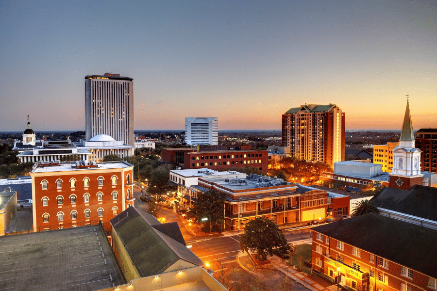 Downtown Tallahassee, FL skyline during sunset 