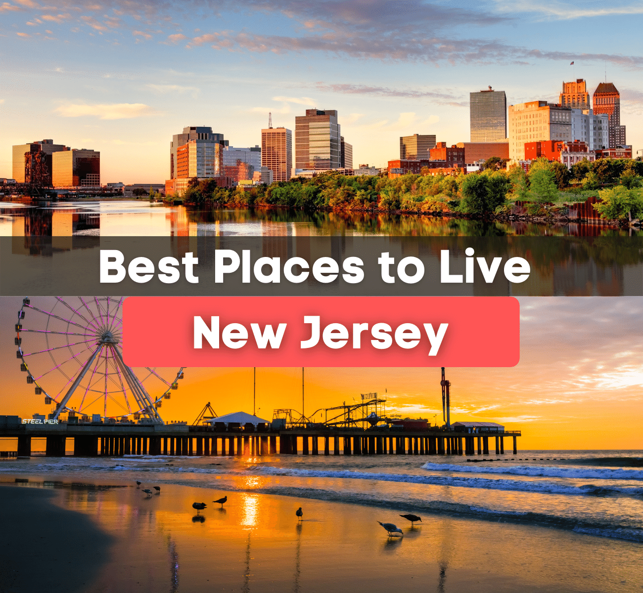 New Jersey skyline at dawn and boardwalk 