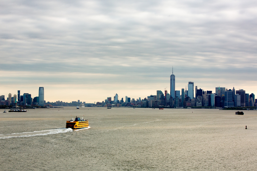 Staten Island Ferry with beautiful view of the Staten Island, NY skyline