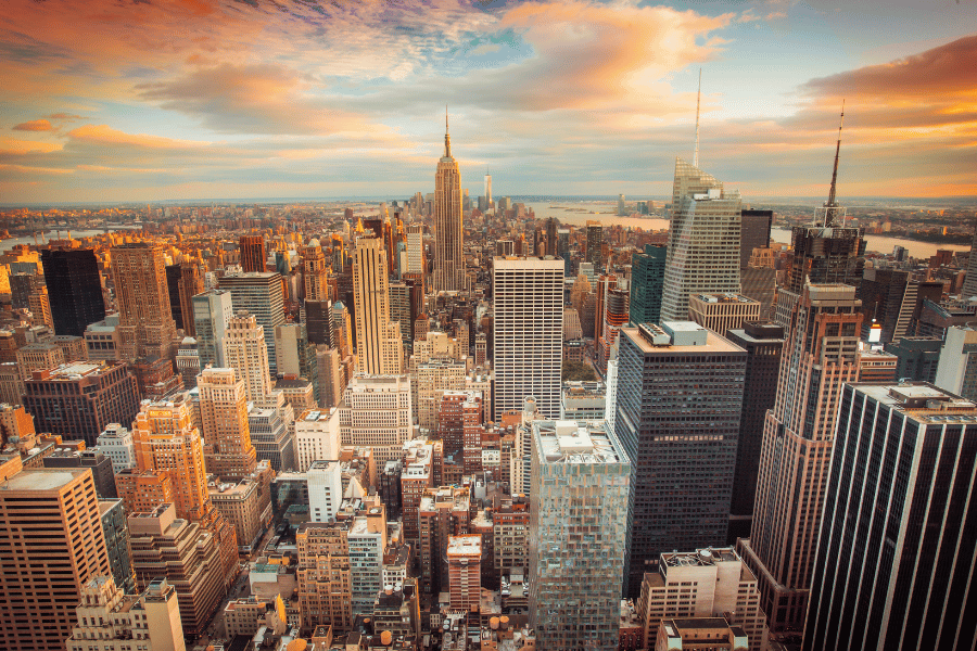 Ariel photo of Manhattan, NY during sunset