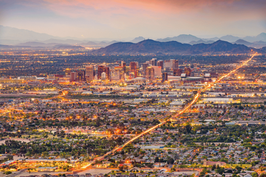 Phoenix, AZ Skyline during sunset desert building lights