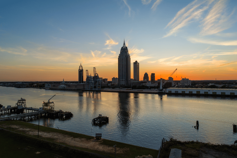 Riverside Port views during sunset in Mobile, AL