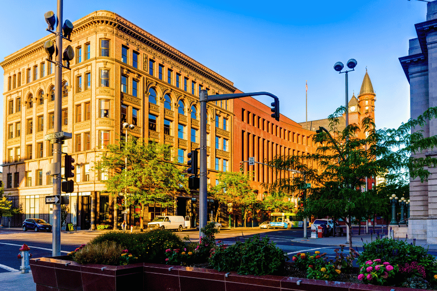 Downtown Spokane buildings and street light 