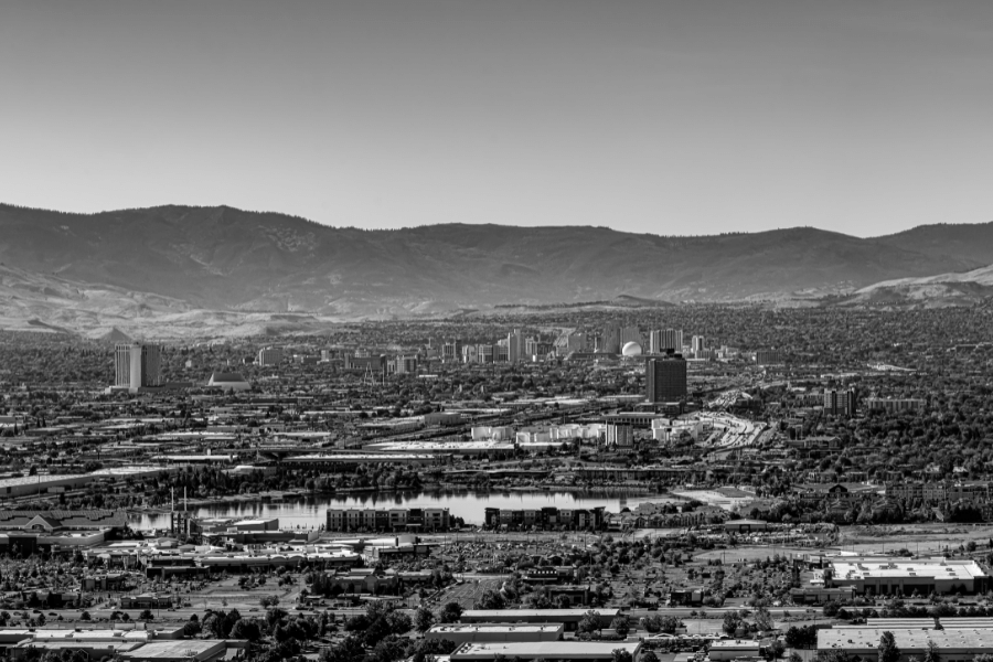Black and white cityscape of Sparks, NV