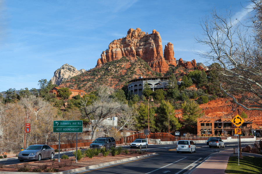 Downtown Sedona, AZ with cars and trees