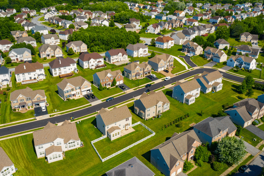 Suburban neighborhood birds eye view of homes