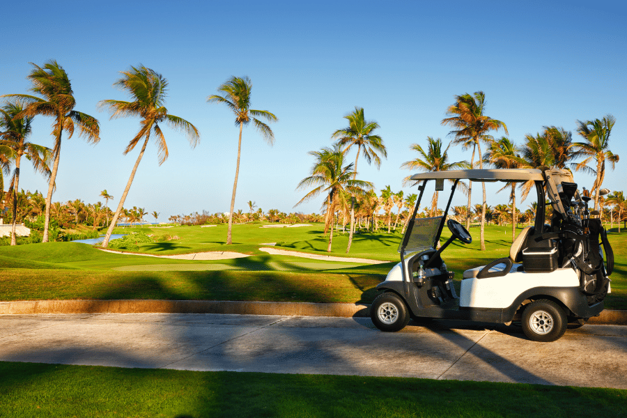 Palm Beach, FL golf course with golf cart and palm trees