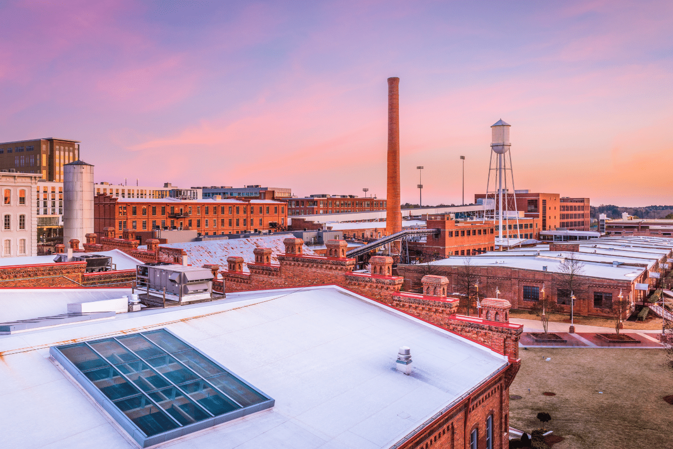 A photo of Durham, NC at sunset