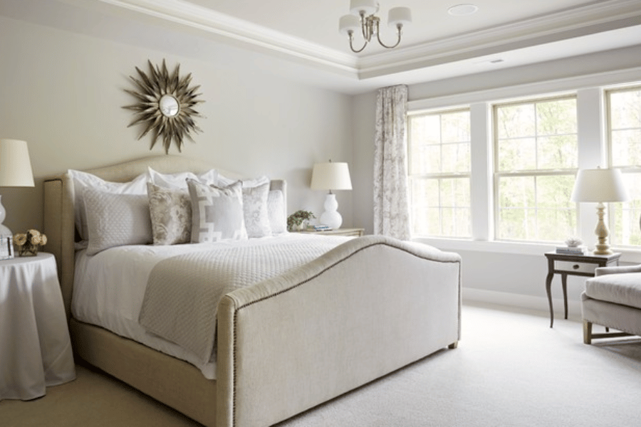 Sherwin Williams Agreeable Gray paint color in a bedroom 