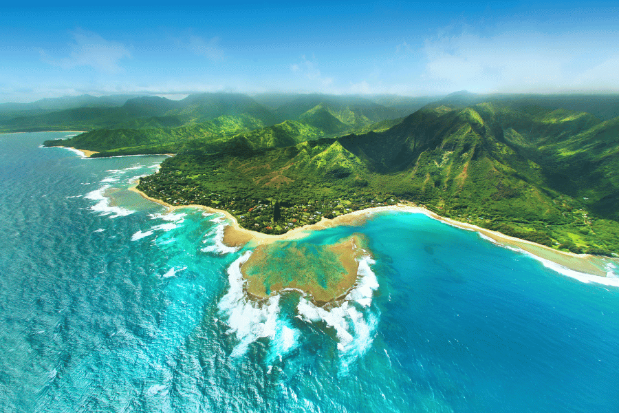 Aerial view of breathtaking Hawaiian Landscape and blue water