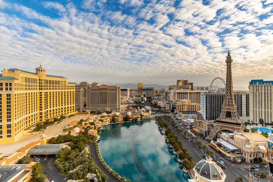The Las Vegas Strip and the Bellagio Hotel and Casino during the day