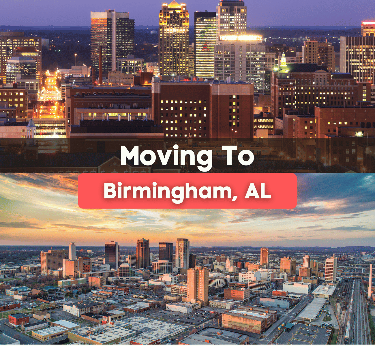 Moving to Birmingham, AL skyline at night with buildings and bright lights 