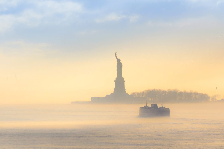 The Statue of Liberty on a foggy day 