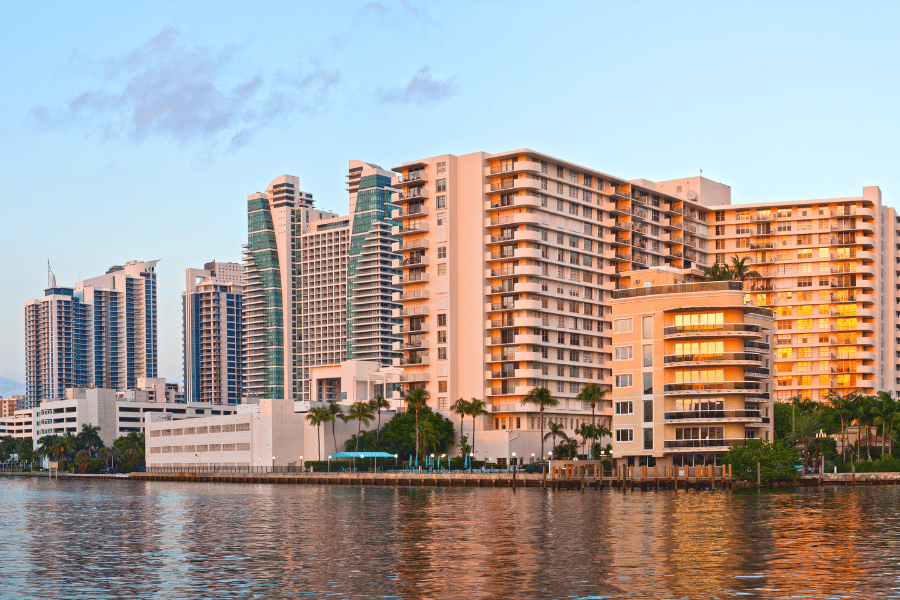 Buildings at sunset near the water in Hollywood Beach, FL