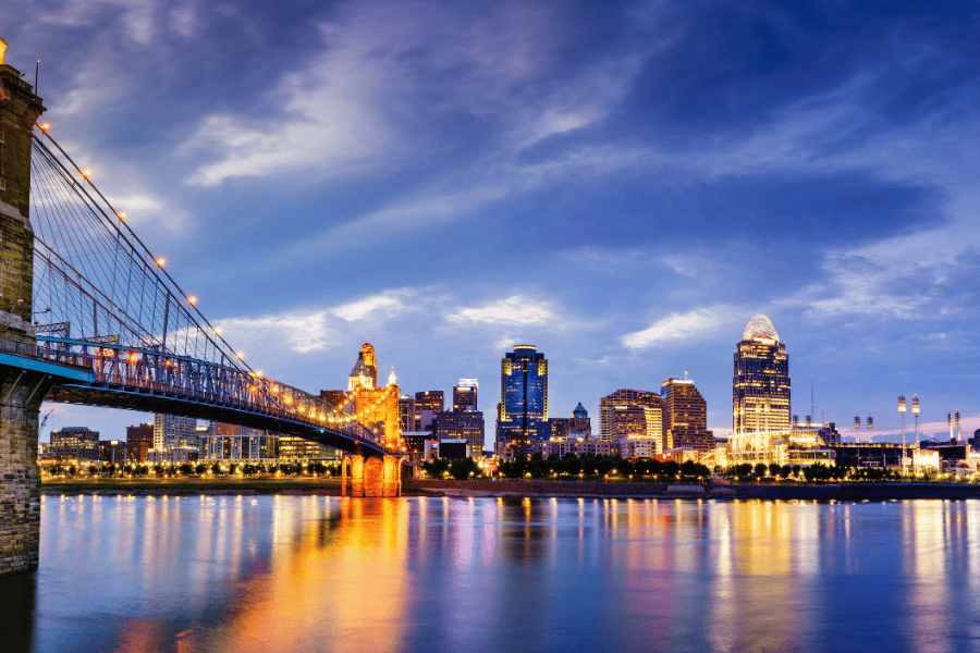Cincinnati, OH Skyline at dusk with building lights