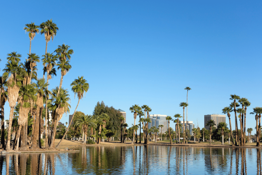 Phoenix, AZ Encanto Park Lake surrounded by palm trees and buildings near downtown Phoenix